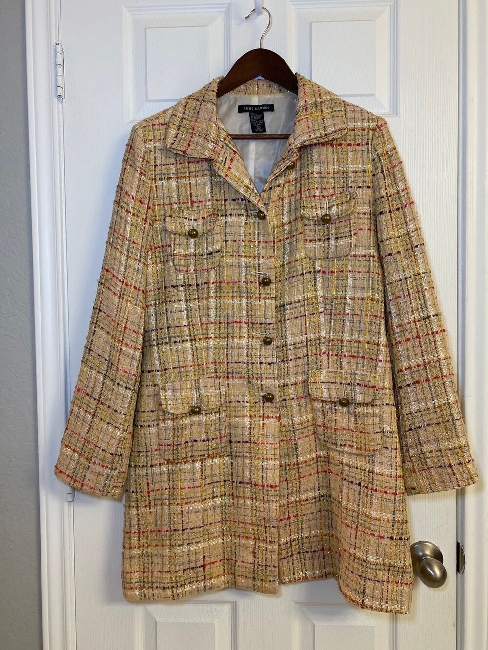 Vintage Anne Carson Silk Blend Tweed Car Coat XL Gold Multi Plaid Jacket Preppy